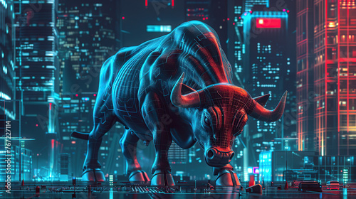 3D depiction of a menacing cyber bull towering over a digital financial backdrop, its sharp horns symbolizing the dangers lurking in online financial transactions generative ai