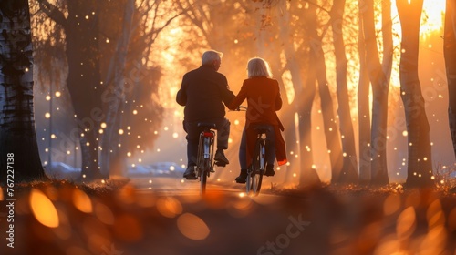 Back view of cheerful active senior couple with bicycle in public park together having fun lifestyle