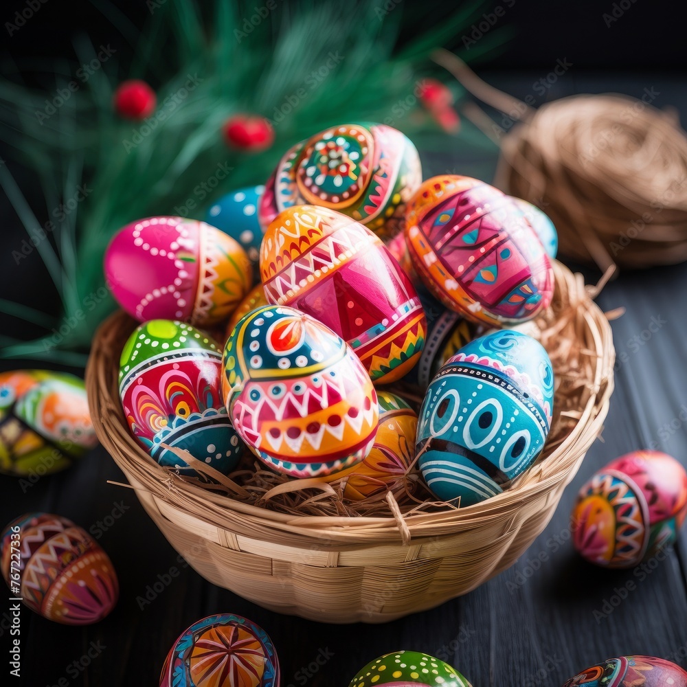 Fototapeta premium Decorated easter eggs in a basket with colorful happy colors