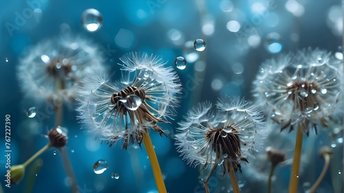 Dandelion seeds in water droplets on a stunning background of blue and turquoise  macro shot of nature with gentle focus. Dandelions shimmer with droplets of dew.