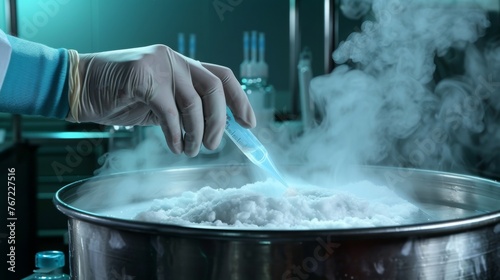  IVF treatment. Artificial insemination. Close-up hand working with liquid nitrogen from cryogenic t photo