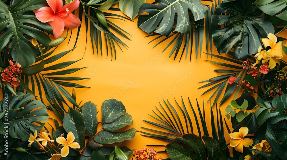 Naklejka premium Floral and botanical background, Abstract pattern with spring flowers on a yellow background