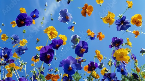 thrown pansies into the air  bright blue sky  summer vibes