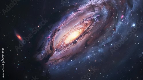 A beautiful view from space to a spiral galaxy and stars. Universe filled with stars, nebula and galaxy