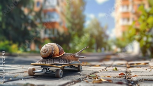 Slow snail riding skateboard. Speed increase, reptile courier delivery, transportation, efficient fa