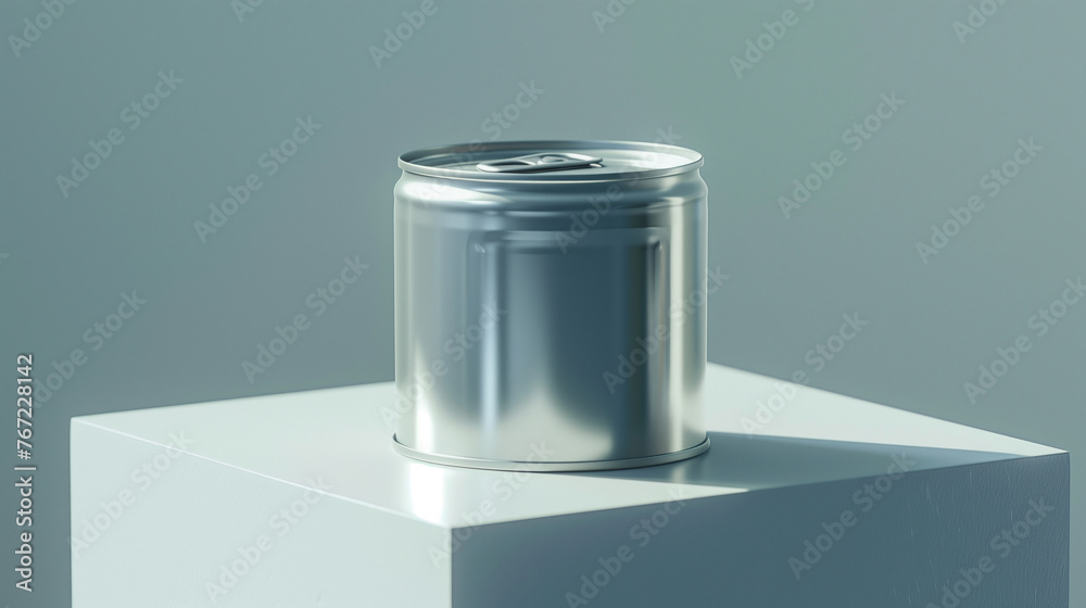Aluminum Can of Organic Pet Food on Minimalist Plinth Aluminum Can of Organic Pet Food on Minimalist Plinth