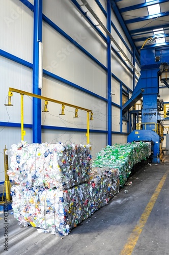 Baler in a waste sorting plant, Plastic bottle press hydraulic machine Waste sorting equipment machine, pressed plastic bottles,