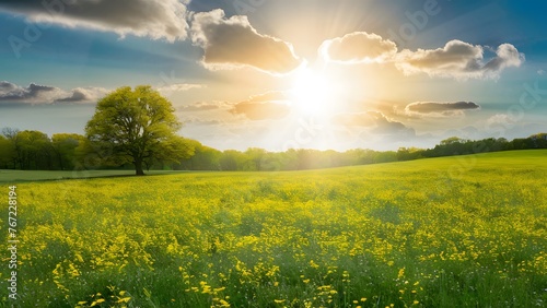 Vivid sunshine on spring meadow landscape, nature background