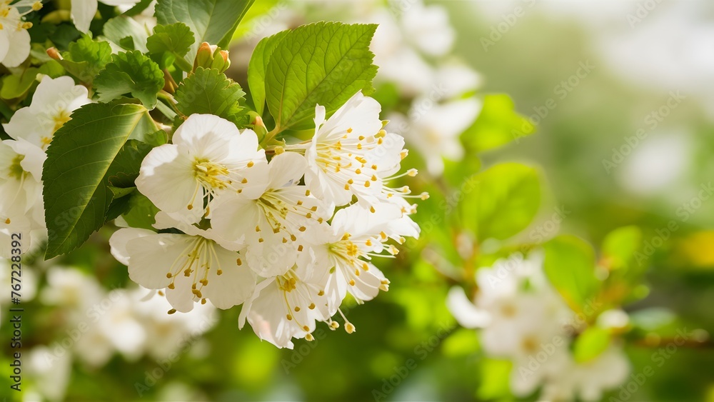 White flowers and green leaves decorate spring blossom background