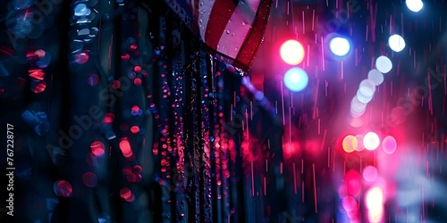 Rainsoaked crime scene with police lights and an American flag draped over a fence. Concept Crime Scene Photography, Police Investigation, Rainy Night, American Flag, Law Enforcement photo