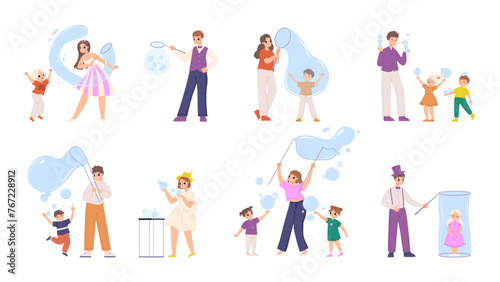 Soap bubbles show. Performers artists blowing bubble for children. Kids party, outdoor performance. Cute adults and children, cartoon snugly vector characters