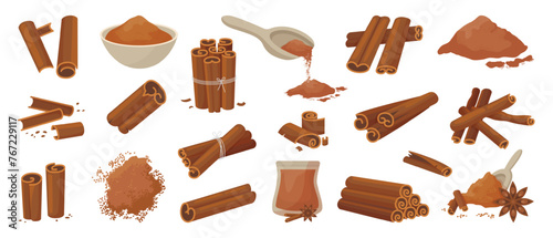 Cinnamon spices in sticks and powder. Culinary elements, cinnamons in bowls, spoon and drinks. Organic fresh elements, neoteric vector clipart