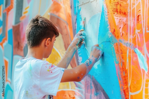 young artist is painting on a building wall. with bright colors 