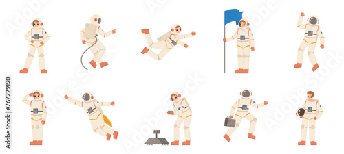 Cartoon astronauts. Cosmonauts wear space suit, holding flag and working with robot. Funny spaceman characters in helmets, snugly vector set