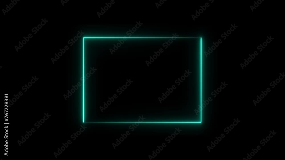 Neon glowing square frame on black background. Rectangular frame with moving line. Neon glowing square frame on black background. Rectangular frame with moving line.