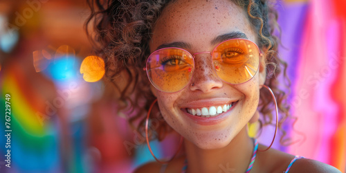 A young woman with a bright, infectious smile, is framed by her colorful sunglasses, curly hair positivity joy sunny day Smile Rainbow Pride Background