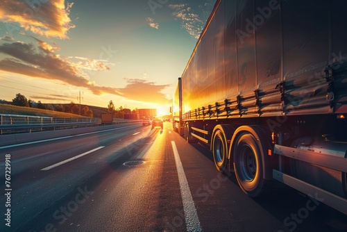  Convoy of trucks transporting large goods Running on the highway at sunset 