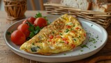 Egg omelette with vegetables and fresh tomatoes. 