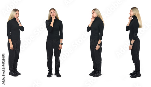 view of various poses of same woman thinking whut hands on face on white background