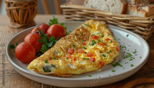 Egg omelette with vegetables and fresh tomatoes. 