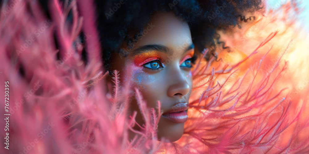 Portrait of a young black woman her gaze piercing through soft pink feathers, accentuated by her bold, colorful eye makeup love pride acceptance diversity