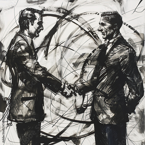  a memorable moment of professional collaboration captured in the style of a charcoal drawing, with business individuals shaking hands against a backdrop of bold, expressive lines that convey the ener photo