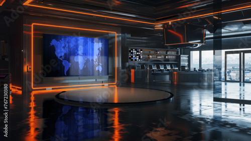 Fototapeta Naklejka Na Ścianę i Meble -  3D Virtual TV Studio News, Backdrop For TV Shows .TV On Wall.3D Virtual News Studio Background,3d illustration