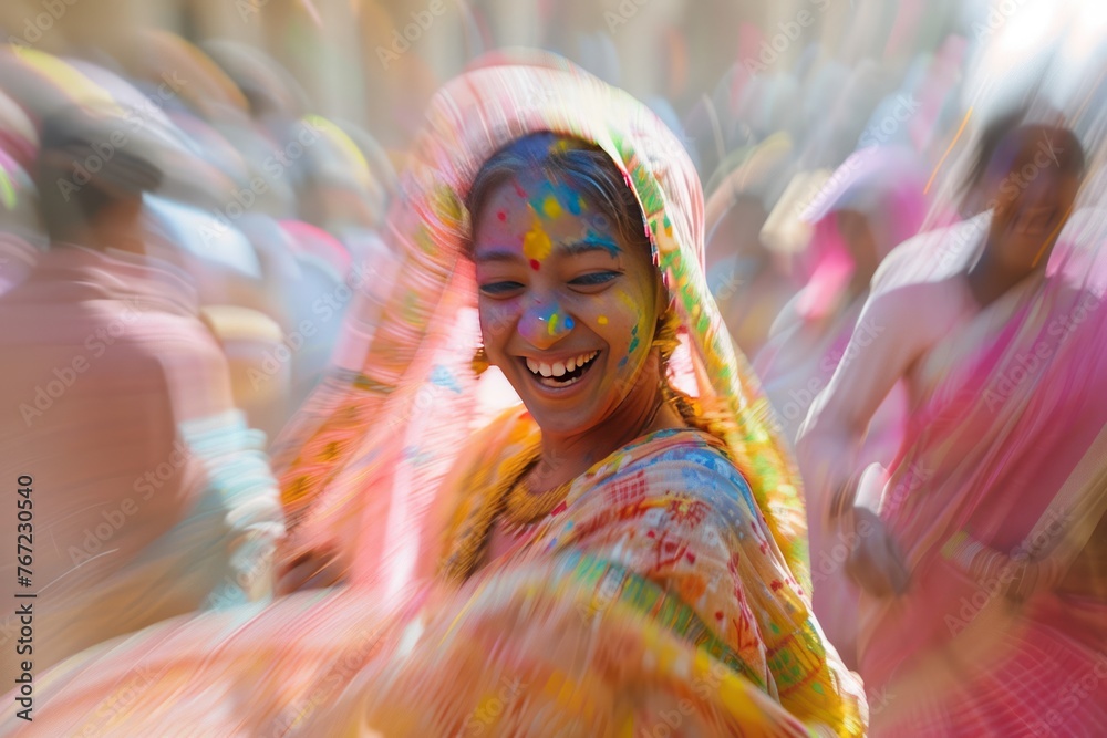 Festival of Colors: Indian Women Dressed in a multi-colored sari. Have fun dancing Amidst the colorful festival atmosphere It represents beautiful culture and traditions. Festival of Colors: Indian Women Dressed in a multi-colored sari. Have fun dancing Amidst the colorful festival atmosphere It represents beautiful culture and traditions.