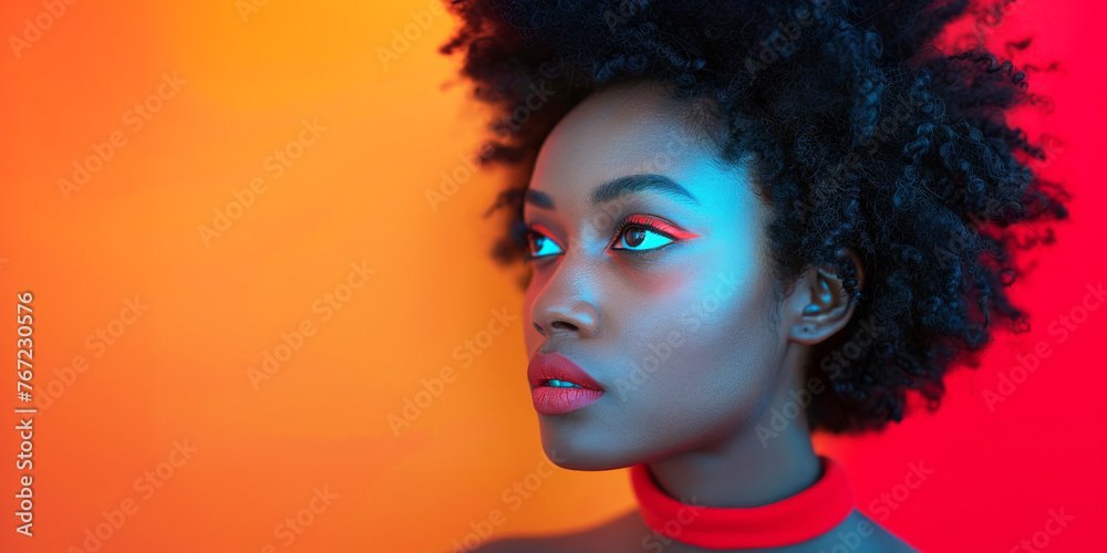 A young woman against a gradient orange to blue background, her expression serene and thoughtful. diversity and contemplation with copy space A young woman against a gradient orange to blue background, her expression serene and thoughtful. diversity and contemplation with copy space