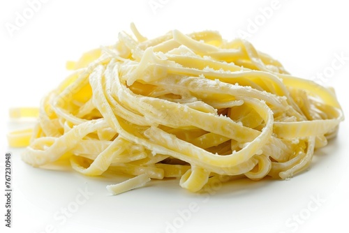 Creamy fettuccine Alfredo pasta with Parmesan cheese, Italian food bundle, isolated on white, photography