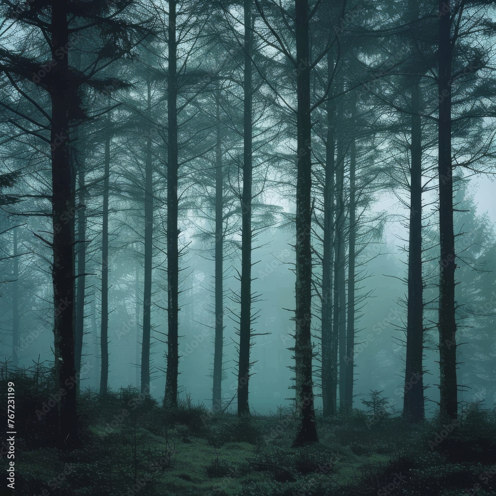 Foggy Forest with Distinct Tree Silhouettes