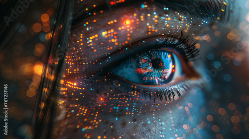 Close-up of a woman's eye illuminated by multicolored lights, showcasing vibrant reflections and intricate detail