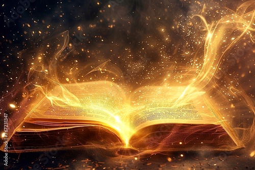 Magic book with light rays and smoke on dark background. Halloween concept