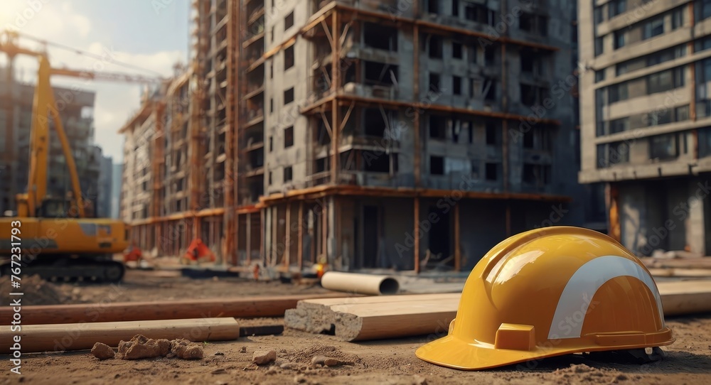 helmet in construction site and construction site worker background - obrazy, fototapety, plakaty 