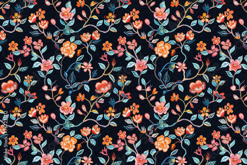 Wallpaper Mural Romantic Floral Embroidery. Seamless Pattern. Fabric Printing. Scrapbooking. Arts and Crafts. Background image. Created with Generative AI technology. Torontodigital.ca