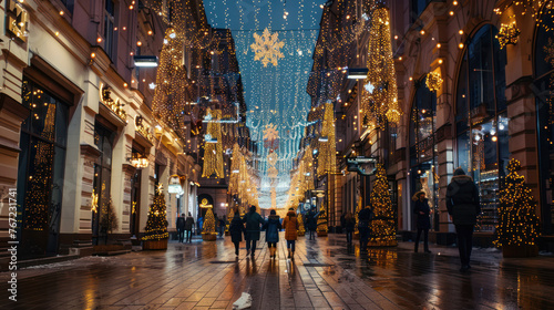 photograph of main road in the city decorated christmas lights People walking and shopping old building scenery black sky decorated with stars It conveys the atmosphere of the festival, happiness and  photo