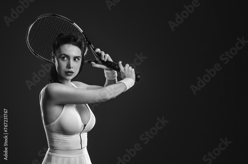Tennis player woman with racket on tournament. Girl athlete with tenis racket on open court. Download a high quality photo for design of a sports app or tour events. Black and white photo