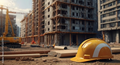 helmet in construction site and construction site worker background photo
