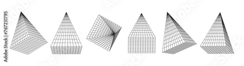 Geometric pyramids, wireframe. Cyberpunk elements consisting of a grid . Collection of lowpoly 3D polygonal shapes.