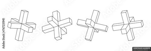 Set of wireframe crosshair from different sides. Collection of lowpoly 3D polygonal shapes. Cross Grid Geometry vector illustration