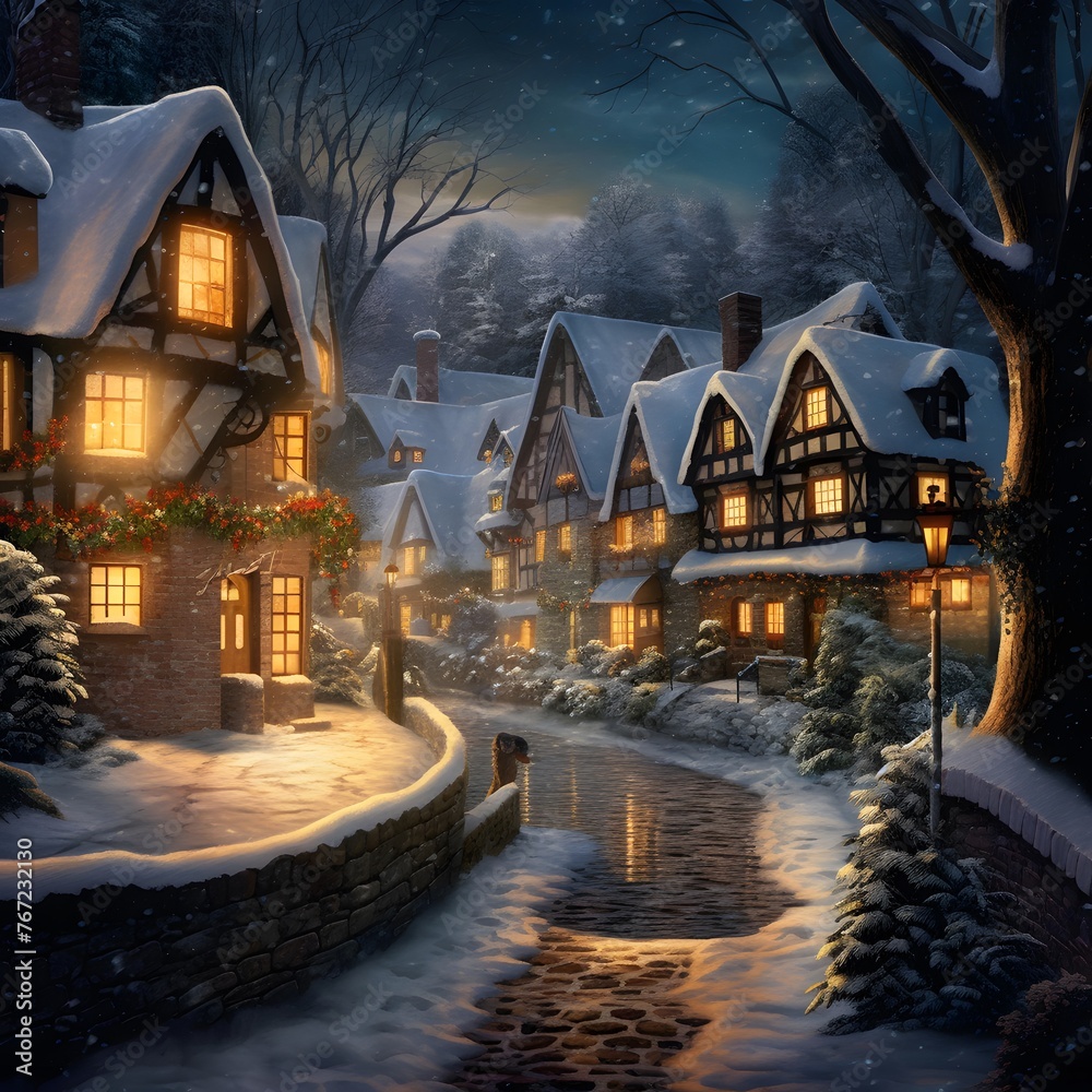 Digital painting of a winter landscape with houses in the middle of a small village