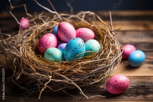 Easter eggs in nest on rustic wooden planks - generative ai