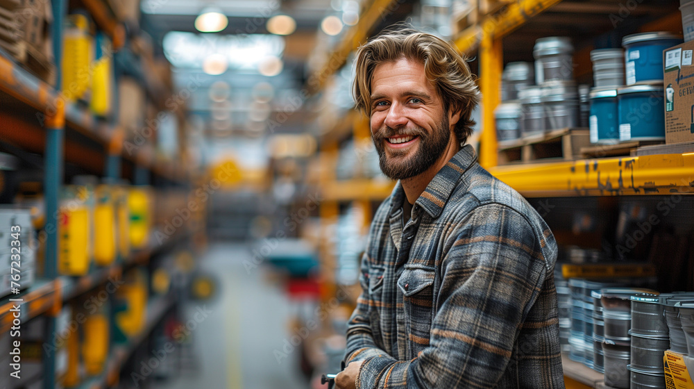 smiling and laughing man in a hardware warehouse standing selects a repair tool. smiling and laughing man in a hardware warehouse standing selects a repair tool.