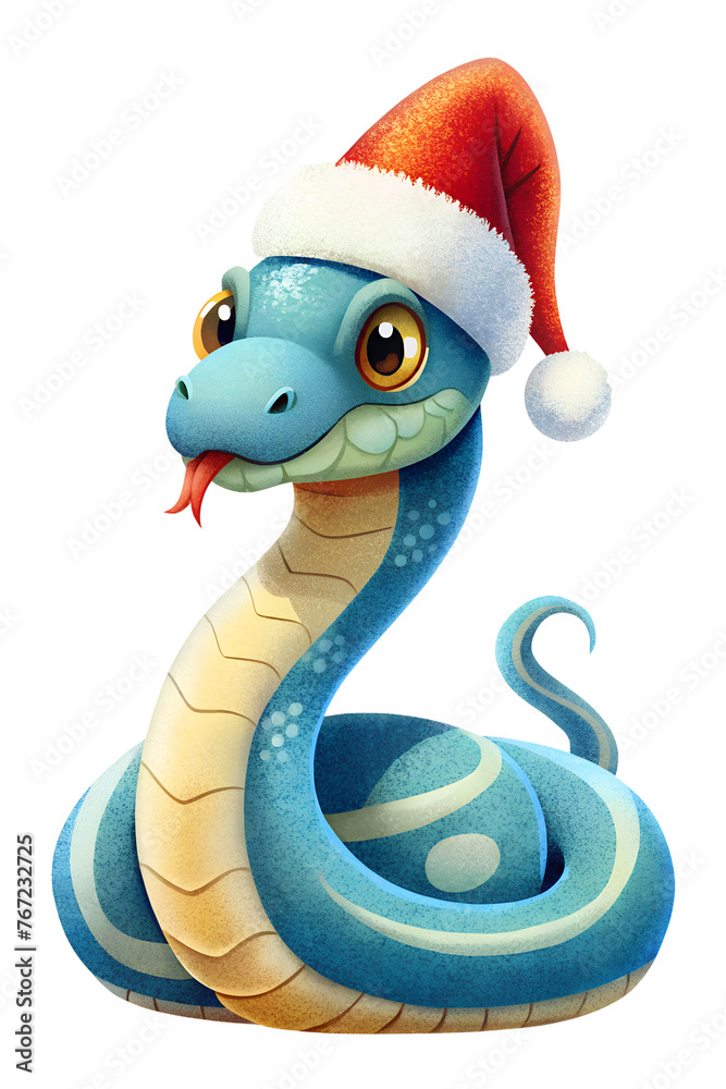 Fototapeta premium Cute snake wearing a Santa Claus hat transparent background, cartoon style
