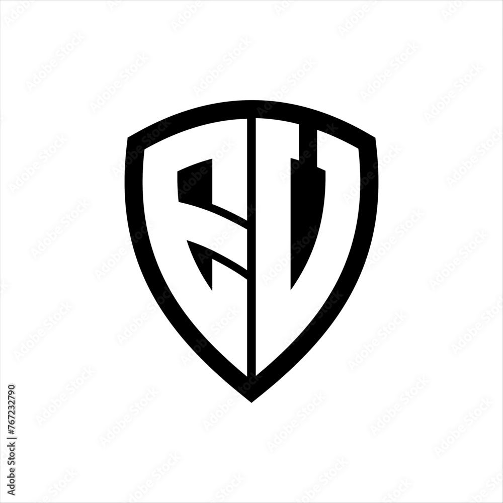 EV monogram logo with bold letters shield shape with black and white color design