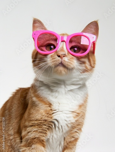 A cat wearing oversized pink sunglasses poses with a humorous and stylish attitude