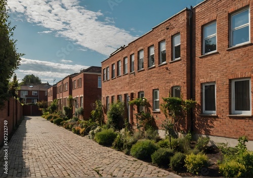 Exterior of brick houses in a row with plants in backyard and empty street on front against blue sky during sunny day