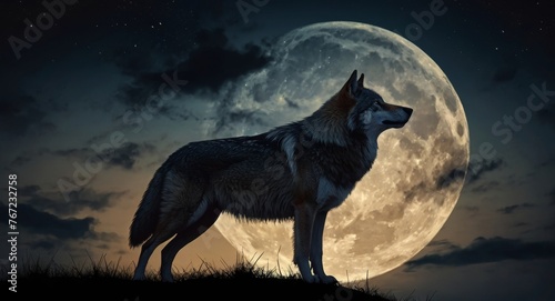 Wolf howling at the moon in the midnigt