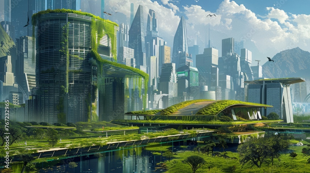 Futuristic City With River, outdoors