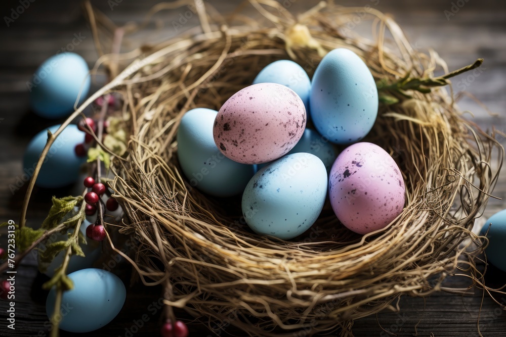 Easter eggs in nest on rustic wooden planks - generative ai Easter eggs in nest on rustic wooden planks - generative ai